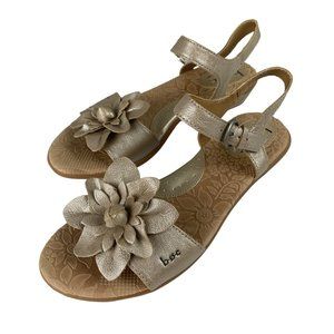 BORN BOC Sandal Leather Flower Ankle Strap Shoe Metallic Beige Womens SZ 8